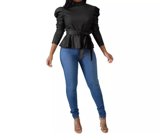 Trendy Puffy Sleeve Belted Top